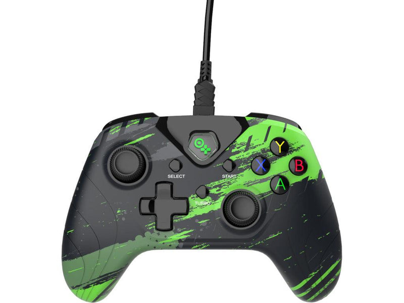 Stijlvolle Wired Xbox-controller in zwart met groene accenten en loskoppelbare kabel, compatibel met Xbox One en PC voor een meeslepende game-ervaring.