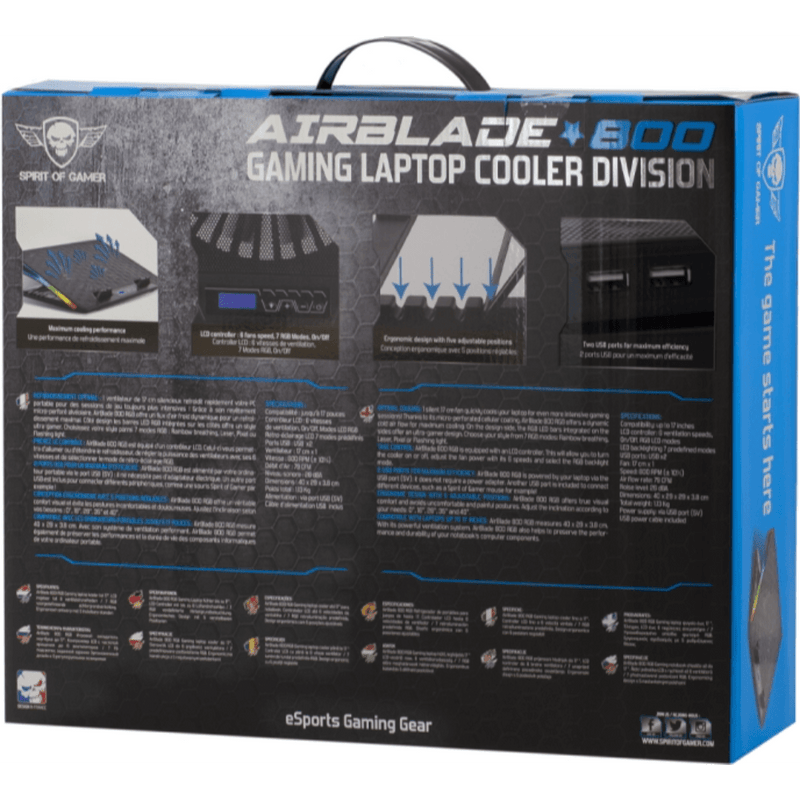Spirit of Gamer Airblade 800 RGB Laptop cooling pad tot 17 inch - GameBrands
